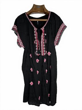 Black Midi Dress with Pink Embroidery Boho  Artsy Tribal Dress